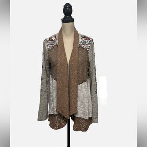 Miss Me Mixed Media Crochet Lace Cardigan Brown Gray Women’s S Boho Chic